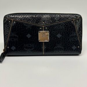 MCM Black Patent Leather Zip-Around Wallet with Gold Plaque